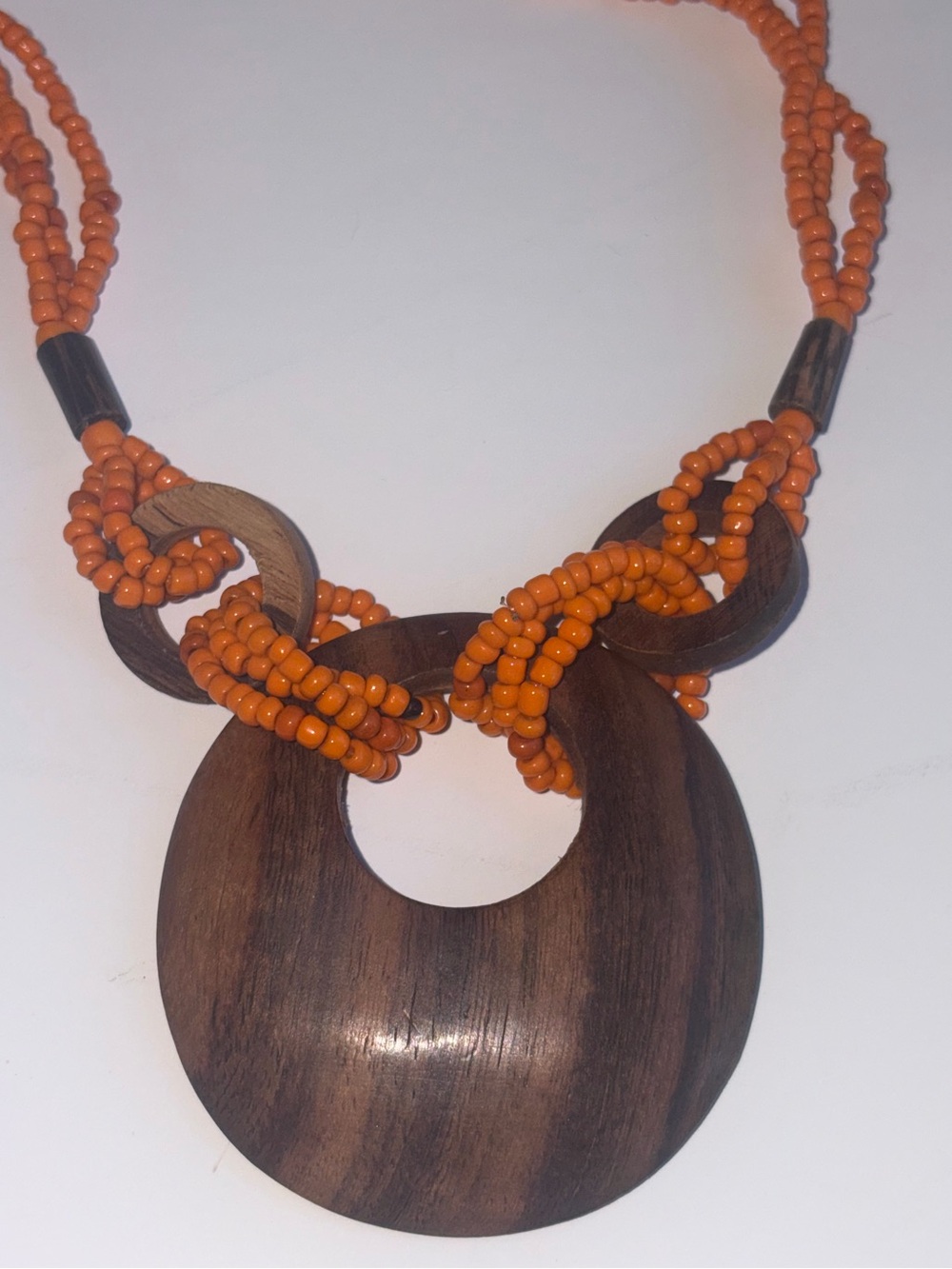 Y2K Orange Seed Bead & Wood Statement Necklace Large Wood Pendant 2000s